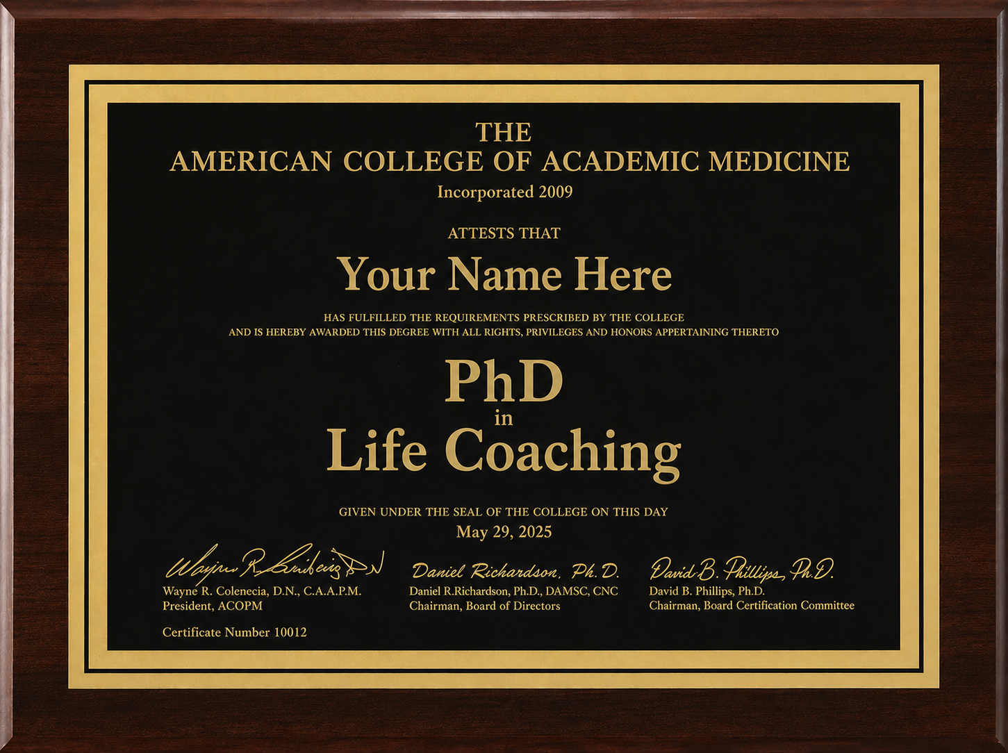 PhD in Life Coaching award plaque from the American College of Physical Medicine.